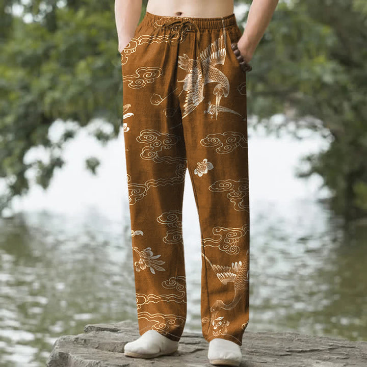 Buddha Stones Pantaloni da uomo affusolati in cotone con motivo floreale "Gru, Nuvole", con tasche. - Siena - US/UK/AU50, EU60 (5XL) - image 0