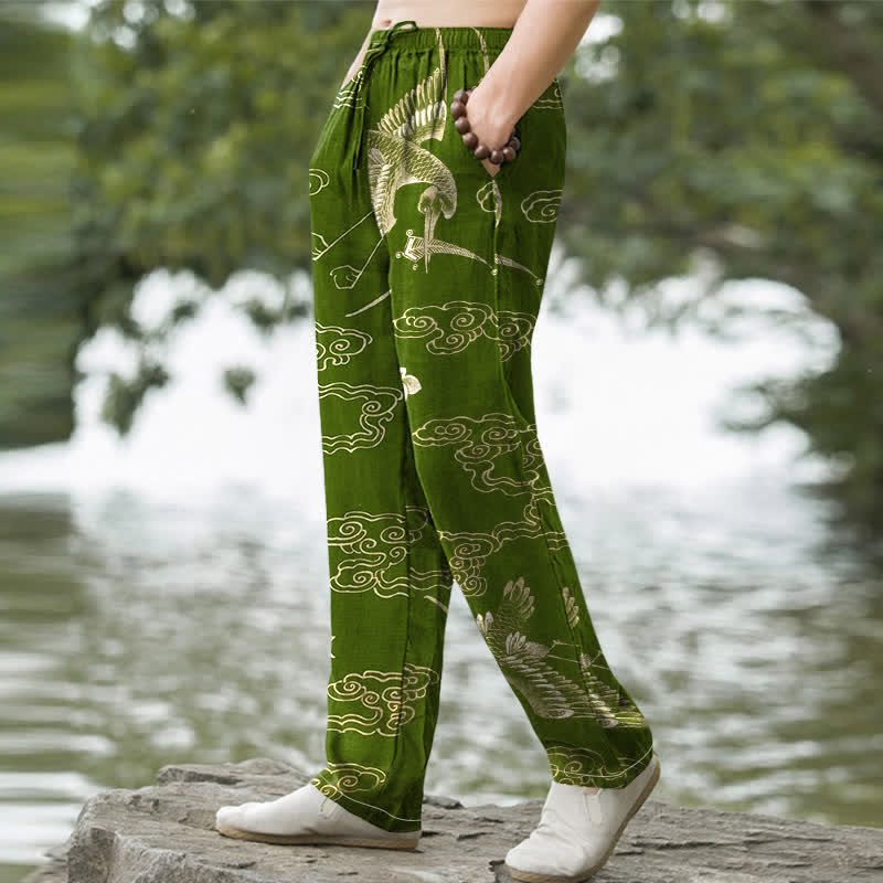 Buddha Stones Pantaloni da uomo affusolati in cotone con motivo floreale "Gru, Nuvole", con tasche. - image 5