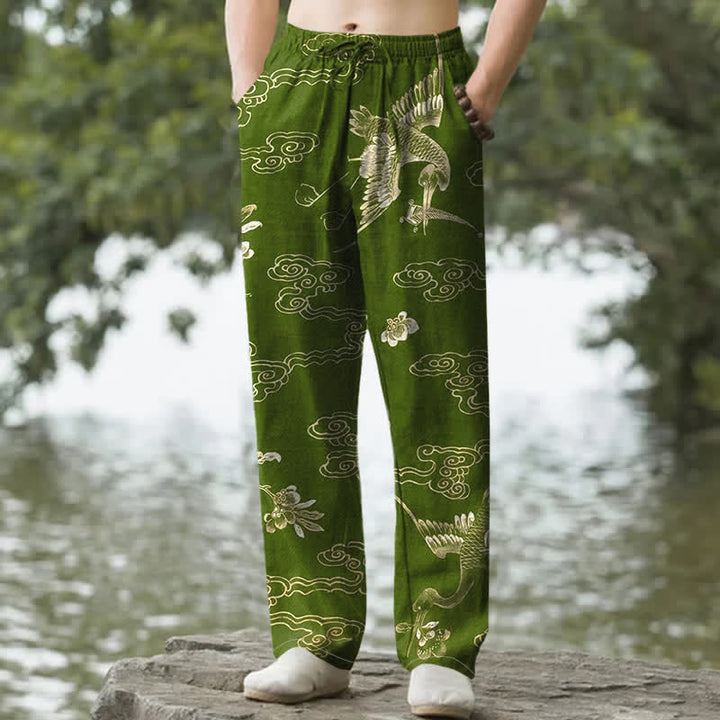 Buddha Stones Pantaloni da uomo affusolati in cotone con motivo floreale "Gru, Nuvole", con tasche. - Verde oliva - US/UK/AU50, EU60 (5XL) - image 4