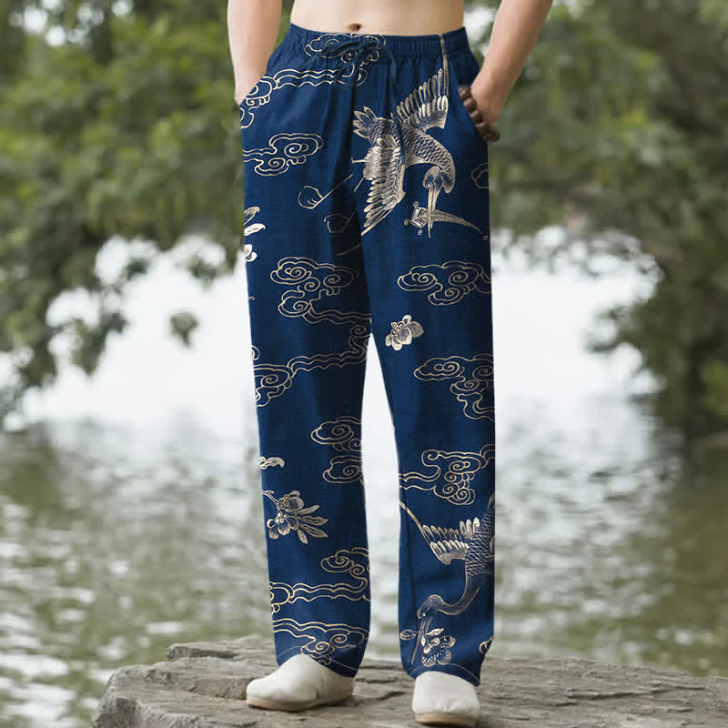 Buddha Stones Pantaloni da uomo affusolati in cotone con motivo floreale "Gru, Nuvole", con tasche. - Marina - US/UK/AU50, EU60 (5XL) - image 6