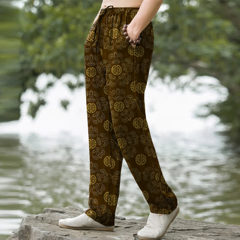 Buddha Stones Pantaloni da uomo affusolati in cotone con motivo floreale e tondo di buon auspicio, con tasche. - image 1