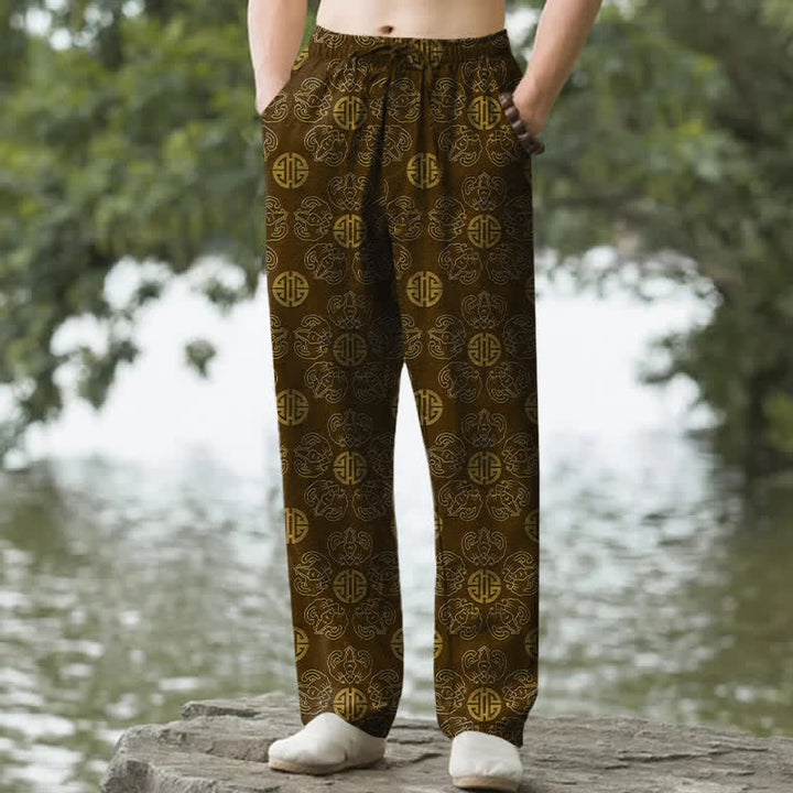 Buddha Stones Pantaloni da uomo affusolati in cotone con motivo floreale e tondo di buon auspicio, con tasche. - Marrone sella - US/UK/AU50, EU60 (5XL) - image 0