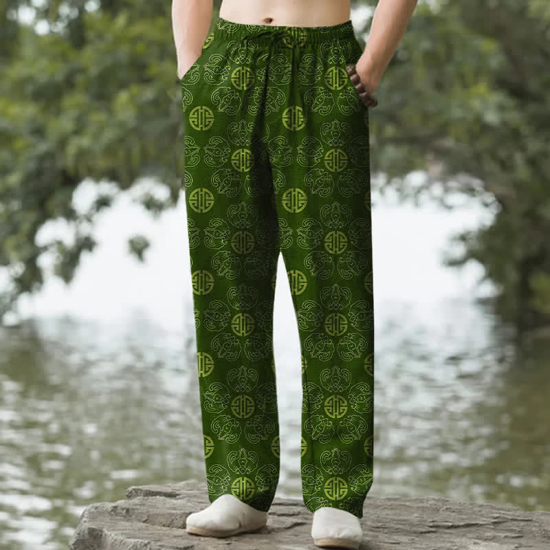 Buddha Stones Pantaloni da uomo affusolati in cotone con motivo floreale e tondo di buon auspicio, con tasche. - Verde studentesco - US/UK/AU50, EU60 (5XL) - image 4