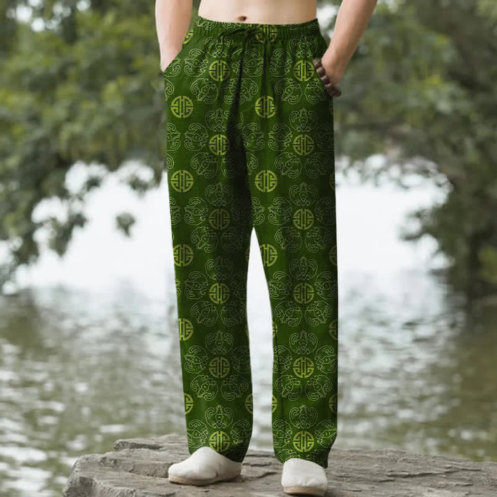 Buddha Stones Pantaloni da uomo affusolati in cotone con motivo floreale e tondo di buon auspicio, con tasche. - Verde studentesco - US/UK/AU50, EU60 (5XL) - image 4