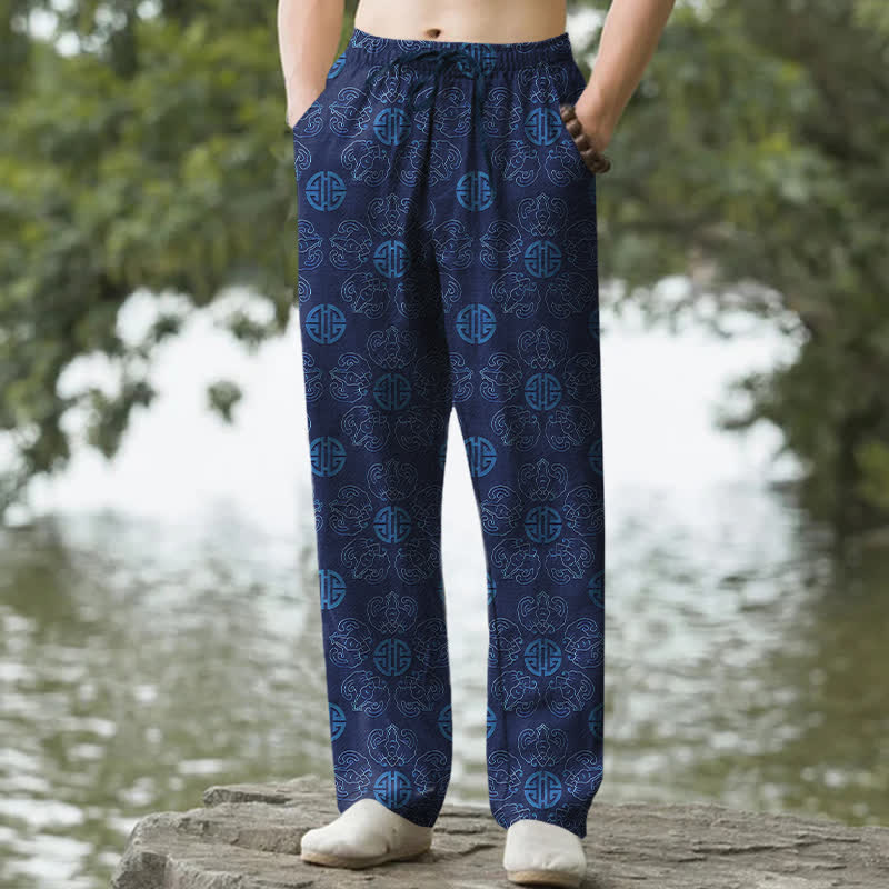 Buddha Stones Pantaloni da uomo affusolati in cotone con motivo floreale e tondo di buon auspicio, con tasche. - Marina - US/UK/AU50, EU60 (5XL) - image 6