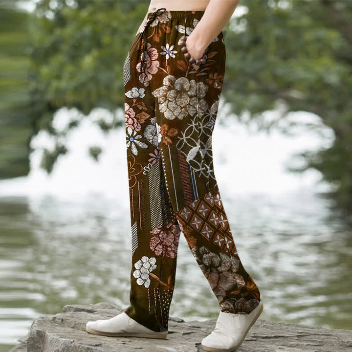 Buddha Stones Pantaloni da uomo affusolati in cotone con motivo patchwork floreale in stile bohémien e tasche. - image 5