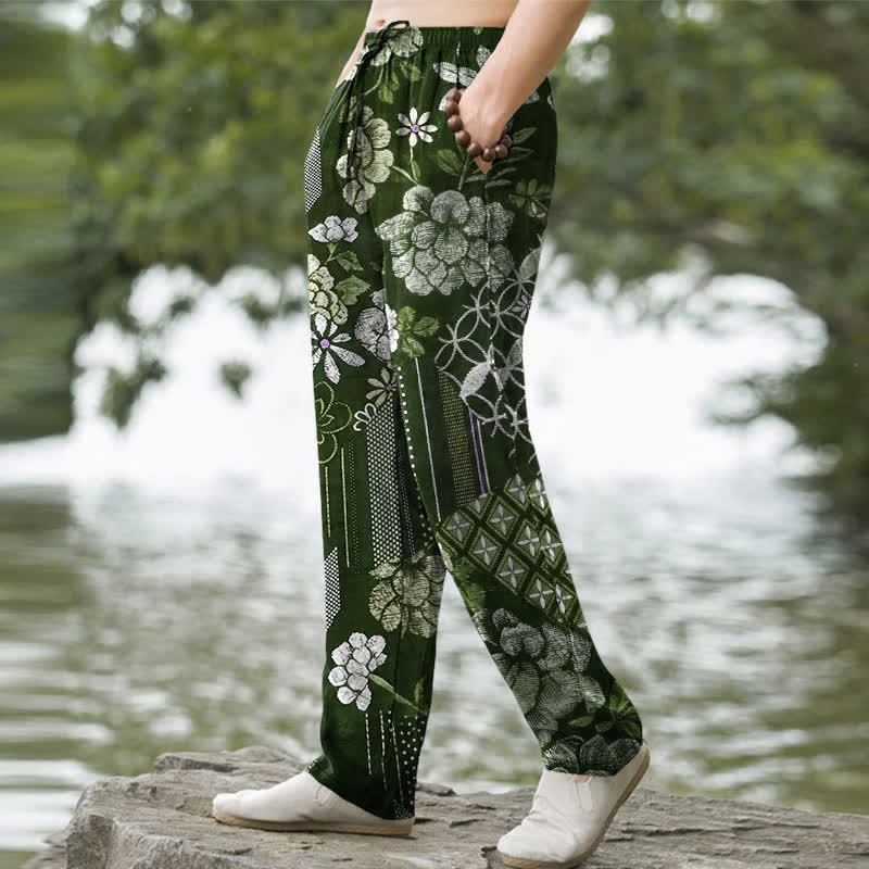 Buddha Stones Pantaloni da uomo affusolati in cotone con motivo patchwork floreale in stile bohémien e tasche. - image 7