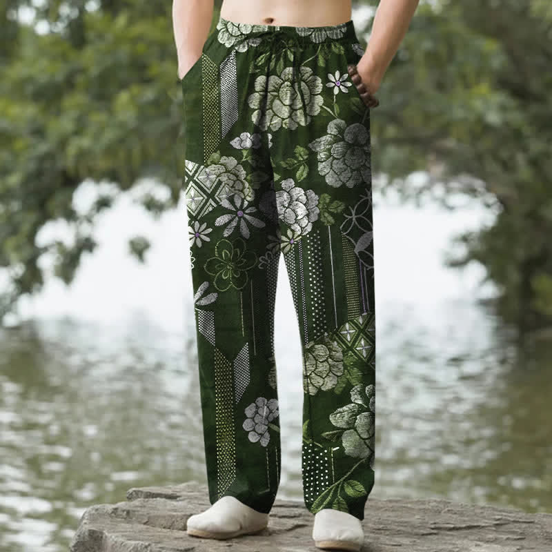 Buddha Stones Pantaloni da uomo affusolati in cotone con motivo patchwork floreale in stile bohémien e tasche. - Verde studentesco - US/UK/AU50, EU60 (5XL) - image 6
