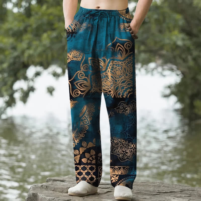 Buddha Stones Pantaloni da uomo affusolati in cotone con motivo geometrico mandala e tasche. - Verde acqua - US/UK/AU50, EU60 (5XL) - image 0