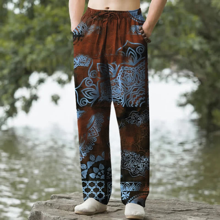 Buddha Stones Pantaloni da uomo affusolati in cotone con motivo geometrico mandala e tasche. - Marrone - US/UK/AU50, EU60 (5XL) - image 4