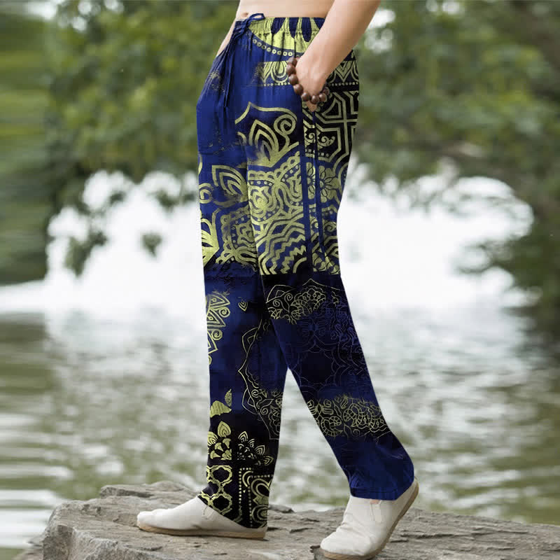 Buddha Stones Pantaloni da uomo affusolati in cotone con motivo geometrico mandala e tasche. - image 7