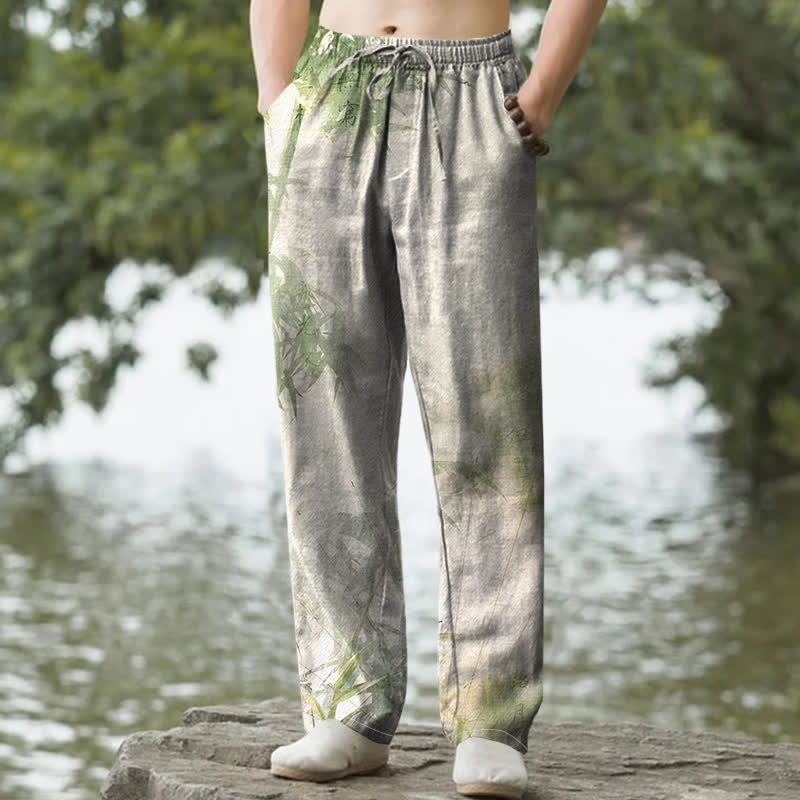 Buddha Stones Pantaloni da uomo affusolati in cotone lavato con motivo bambù e tasche - Verde pallido - US/UK/AU50, EU60 (5XL) - image 0