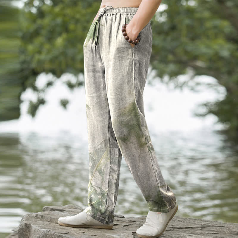 Buddha Stones Pantaloni da uomo affusolati in cotone lavato con motivo bambù e tasche - image 1