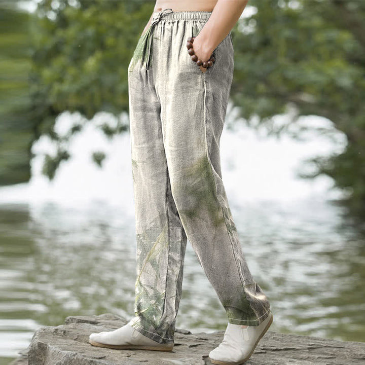 Buddha Stones Pantaloni da uomo affusolati in cotone lavato con motivo bambù e tasche - image 1