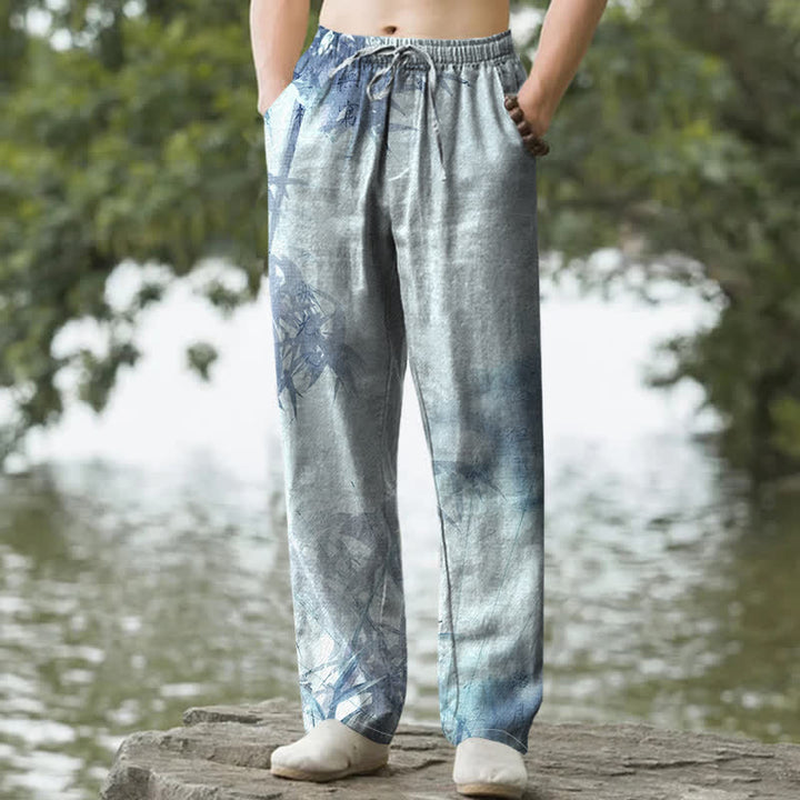 Buddha Stones Pantaloni da uomo affusolati in cotone lavato con motivo bambù e tasche - Azzurro polvere - US/UK/AU50, EU60 (5XL) - image 4