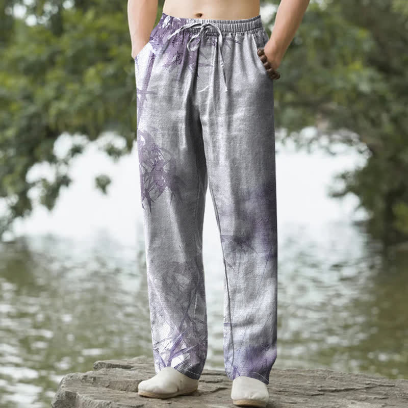 Buddha Stones Pantaloni da uomo affusolati in cotone lavato con motivo bambù e tasche - Lavanda - US/UK/AU50, EU60 (5XL) - image 6