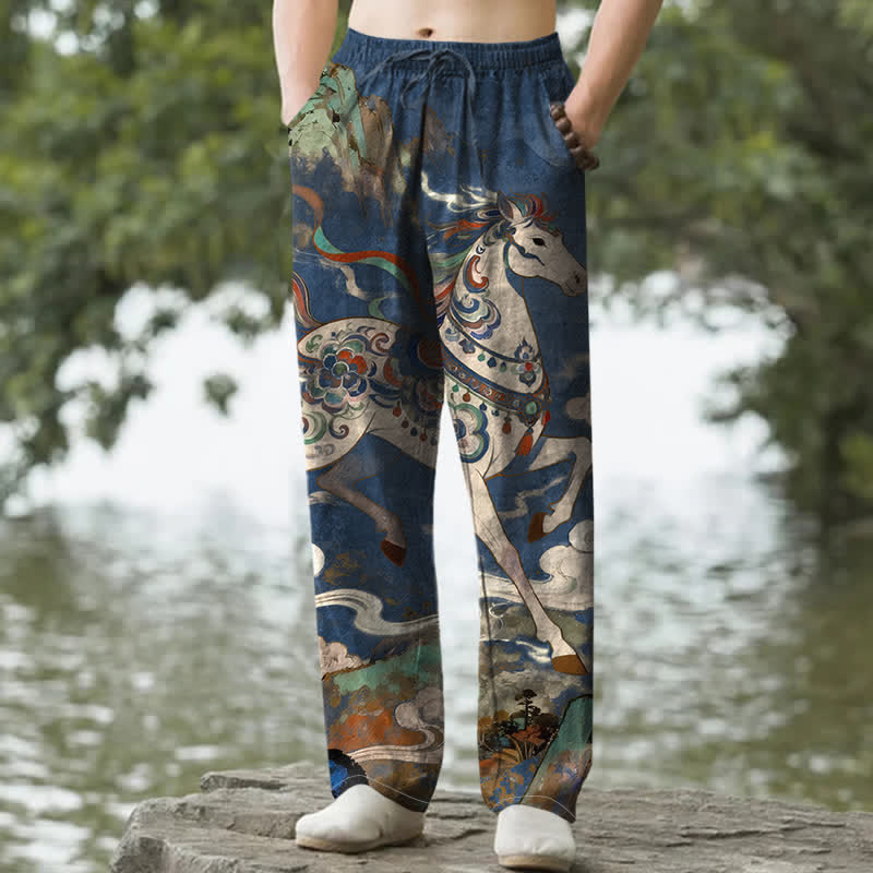Buddha Stones Pantaloni da uomo affusolati in cotone vintage con motivo a cavalli al galoppo colorati e tasche. - Marina - US/UK/AU50, EU60 (5XL) - image 0