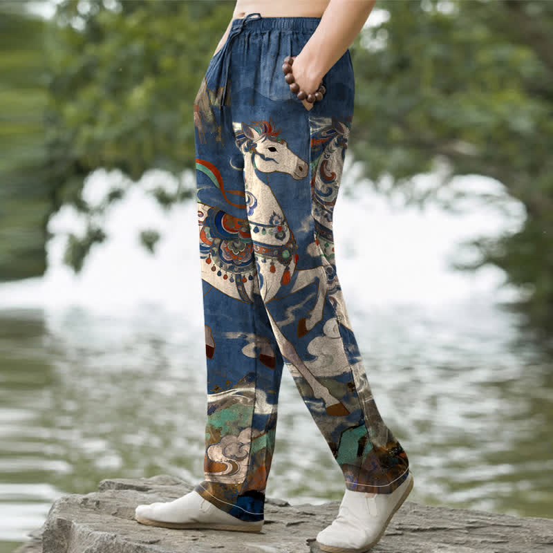 Buddha Stones Pantaloni da uomo affusolati in cotone vintage con motivo a cavalli al galoppo colorati e tasche. - image 1