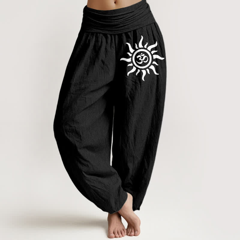 Buddha Stones Pantaloni harem da donna in puro cotone con motivo Sun Om e elastico in vita. - Nero - US16, UK/AU20, EU48 (3XL) - image 0