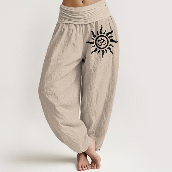 Buddha Stones Pantaloni harem da donna in puro cotone con motivo Sun Om e elastico in vita. - Tan - US16, UK/AU20, EU48 (3XL) - image 11