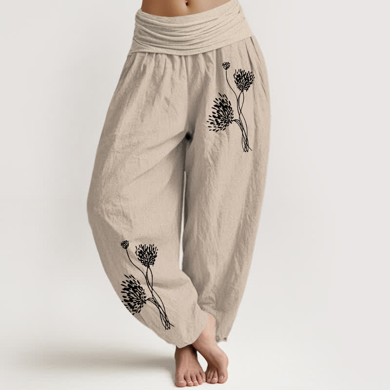 Buddha Stones Pantaloni harem da donna in puro cotone con fantasia botanica e vita elasticizzata. - Tan - US16, UK/AU20, EU48 (3XL) - image 0