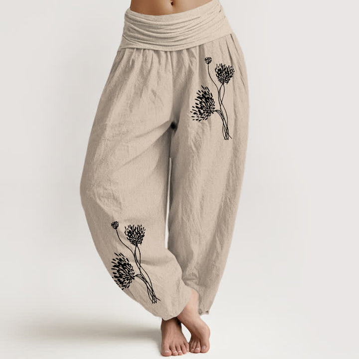 Buddha Stones Pantaloni harem da donna in puro cotone con fantasia botanica e vita elasticizzata. - Tan - US16, UK/AU20, EU48 (3XL) - image 0