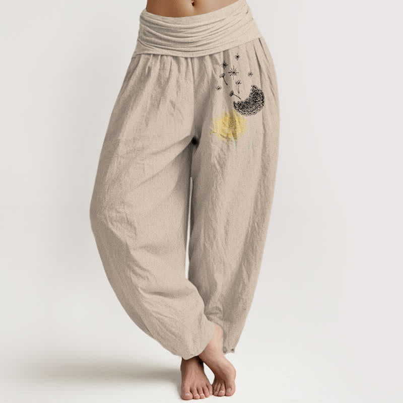 Buddha Stones Pantaloni harem da donna in puro cotone con motivo a fiore di dente di leone e vita elasticizzata. - Tan - US16, UK/AU20, EU48 (3XL) - image 11