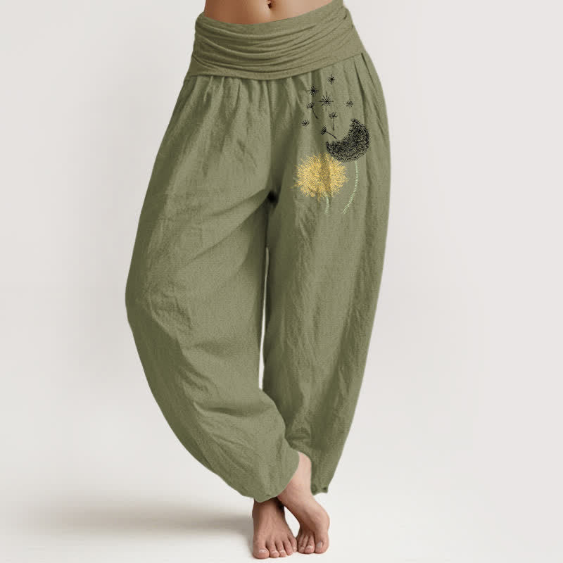 Buddha Stones Pantaloni harem da donna in puro cotone con motivo a fiore di dente di leone e vita elasticizzata. - Verde oliva - US16, UK/AU20, EU48 (3XL) - image 14
