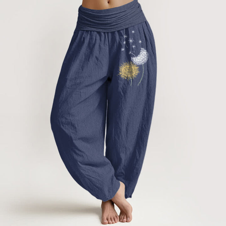 Buddha Stones Pantaloni harem da donna in puro cotone con motivo a fiore di dente di leone e vita elasticizzata. - Blu ardesia scuro - US16, UK/AU20, EU48 (3XL) - image 5