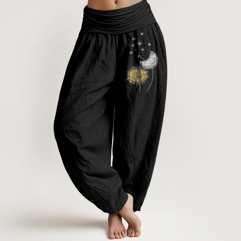 Buddha Stones Pantaloni harem da donna in puro cotone con motivo a fiore di dente di leone e vita elasticizzata. - Nero - US16, UK/AU20, EU48 (3XL) - image 0