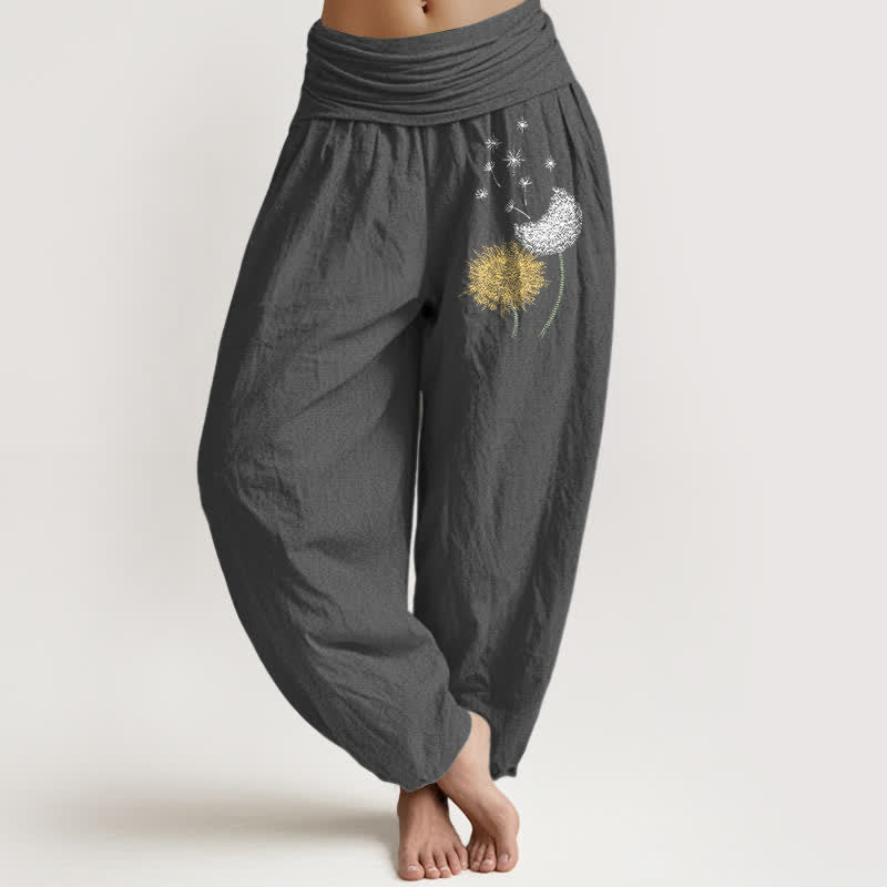 Buddha Stones Pantaloni harem da donna in puro cotone con motivo a fiore di dente di leone e vita elasticizzata. - Grigio tenue - US16, UK/AU20, EU48 (3XL) - image 8