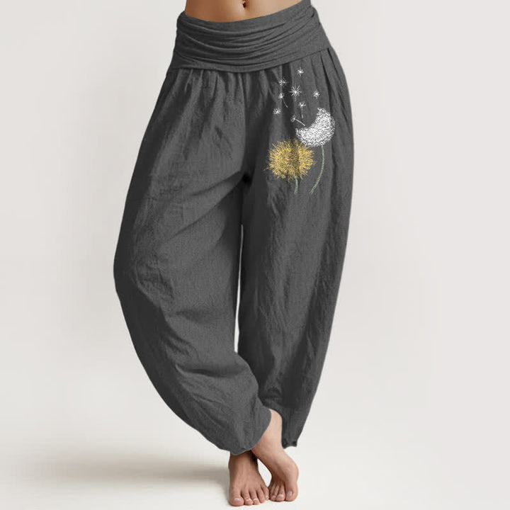 Buddha Stones Pantaloni harem da donna in puro cotone con motivo a fiore di dente di leone e vita elasticizzata. - Grigio tenue - US16, UK/AU20, EU48 (3XL) - image 8