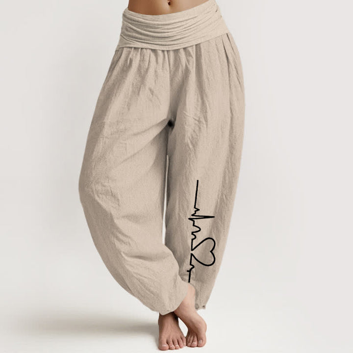 Buddha Stones Pantaloni harem da donna in puro cotone con motivo a cuori e vita elasticizzata. - Tan - US16, UK/AU20, EU48 (3XL) - image 0
