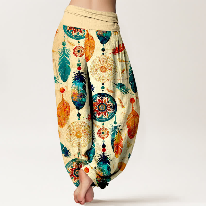 Buddha Stones Pantaloni harem da donna in puro cotone con motivo acchiappasogni e piume, con elastico in vita. - image 2