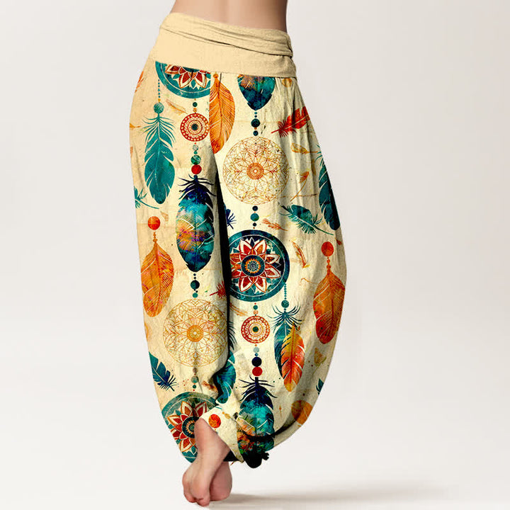 Buddha Stones Pantaloni harem da donna in puro cotone con motivo acchiappasogni e piume, con elastico in vita. - image 2