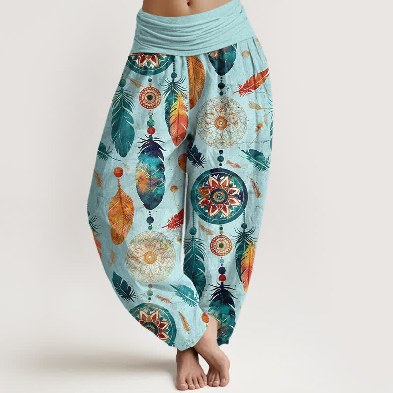 Buddha Stones Pantaloni harem da donna in puro cotone con motivo acchiappasogni e piume, con elastico in vita. - Turchese - US16, UK/AU20, EU48 (3XL) - image 5