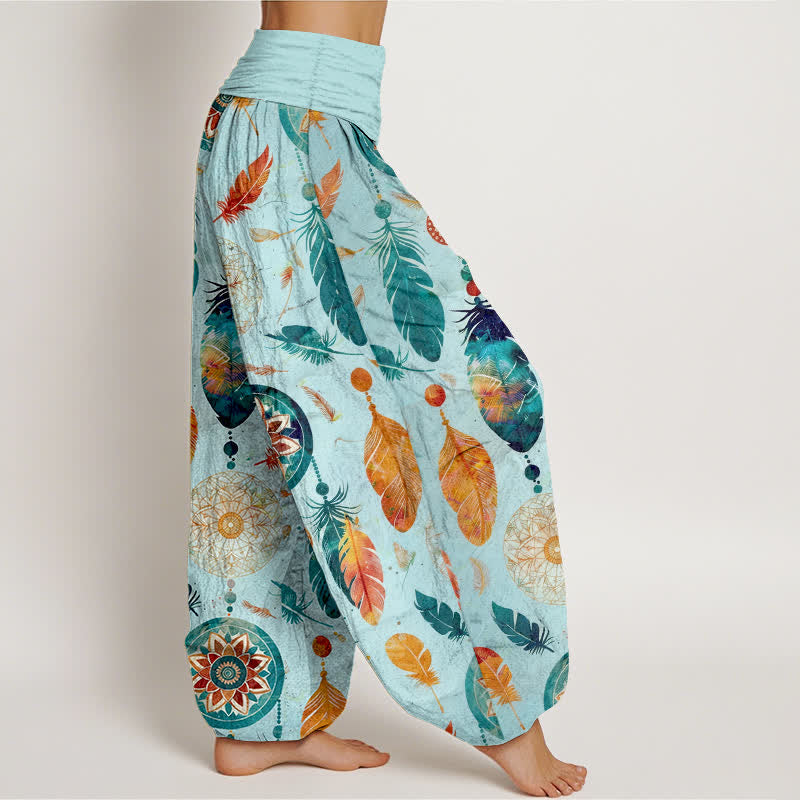 Buddha Stones Pantaloni harem da donna in puro cotone con motivo acchiappasogni e piume, con elastico in vita. - image 6