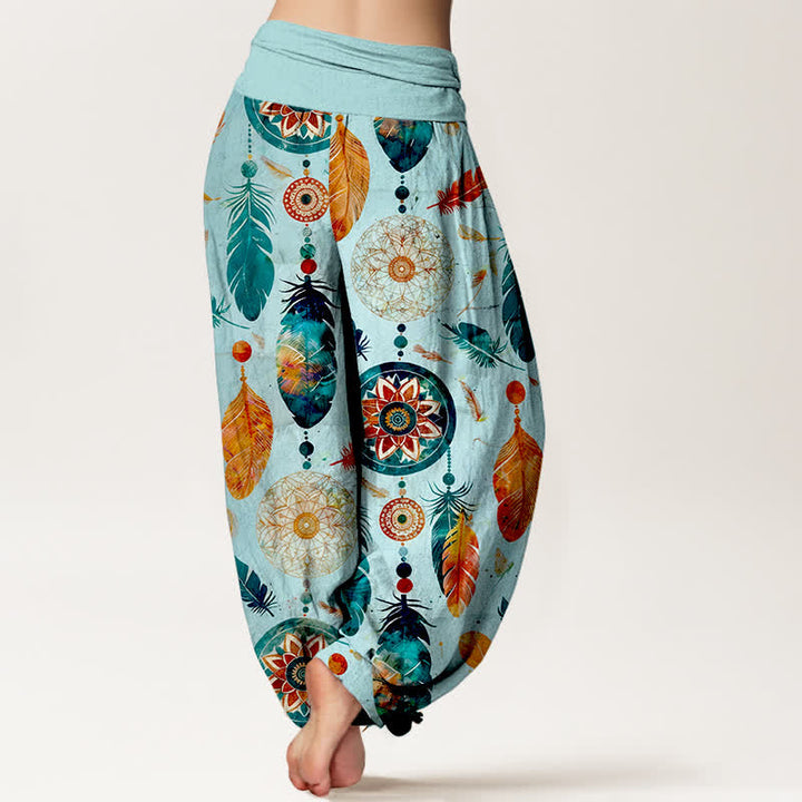 Buddha Stones Pantaloni harem da donna in puro cotone con motivo acchiappasogni e piume, con elastico in vita. - image 7