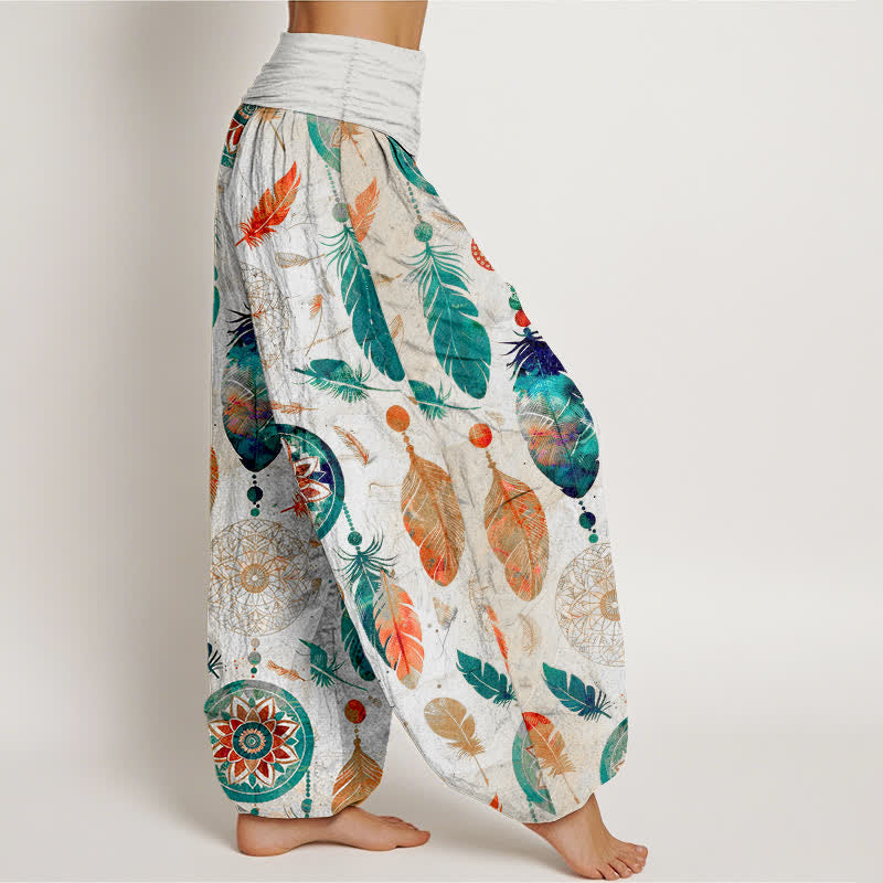 Buddha Stones Pantaloni harem da donna in puro cotone con motivo acchiappasogni e piume, con elastico in vita. - image 9