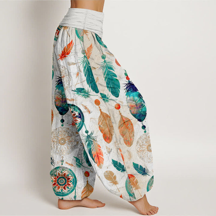 Buddha Stones Pantaloni harem da donna in puro cotone con motivo acchiappasogni e piume, con elastico in vita. - image 9