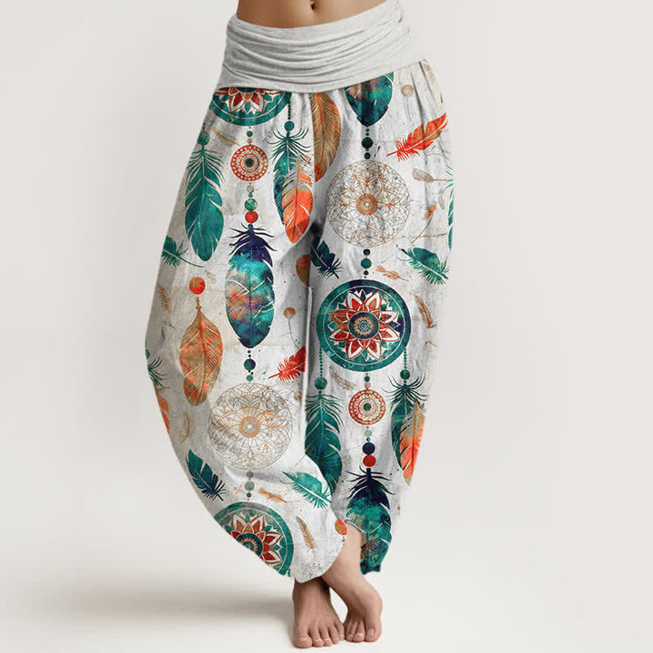 Buddha Stones Pantaloni harem da donna in puro cotone con motivo acchiappasogni e piume, con elastico in vita. - Bianco - US16, UK/AU20, EU48 (3XL) - image 8