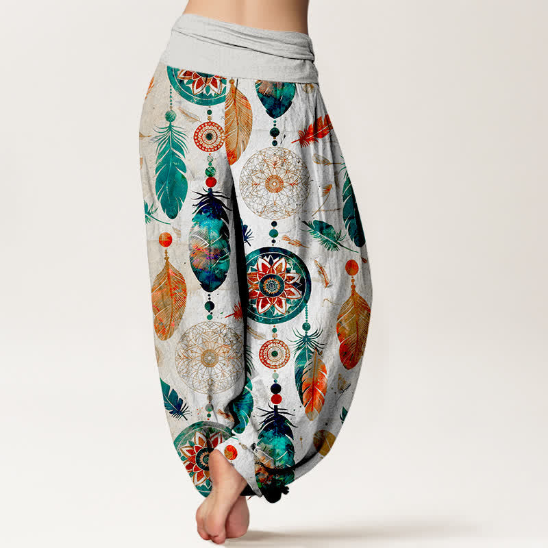 Buddha Stones Pantaloni harem da donna in puro cotone con motivo acchiappasogni e piume, con elastico in vita. - image 10