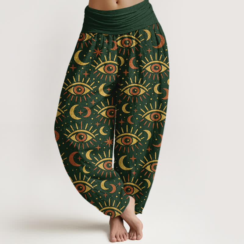 Buddha Stones Pantaloni harem da donna in cotone con motivo occhio mistico e luna, con elastico in vita. - Verde scuro - US16, UK/AU20, EU48 (3XL) - image 0
