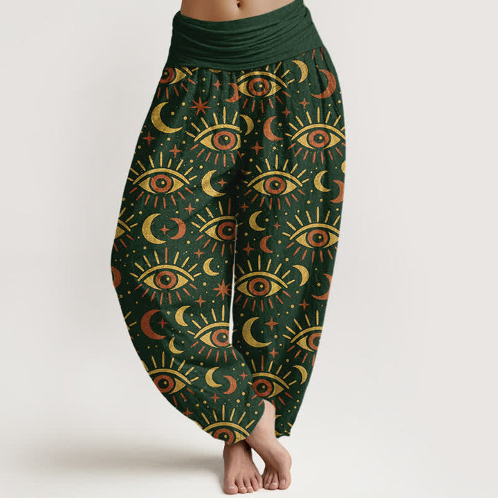 Buddha Stones Pantaloni harem da donna in cotone con motivo occhio mistico e luna, con elastico in vita. - Verde scuro - US16, UK/AU20, EU48 (3XL) - image 0