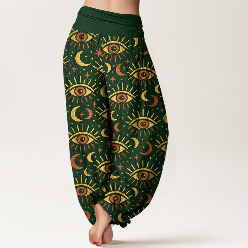 Buddha Stones Pantaloni harem da donna in cotone con motivo occhio mistico e luna, con elastico in vita. - image 2