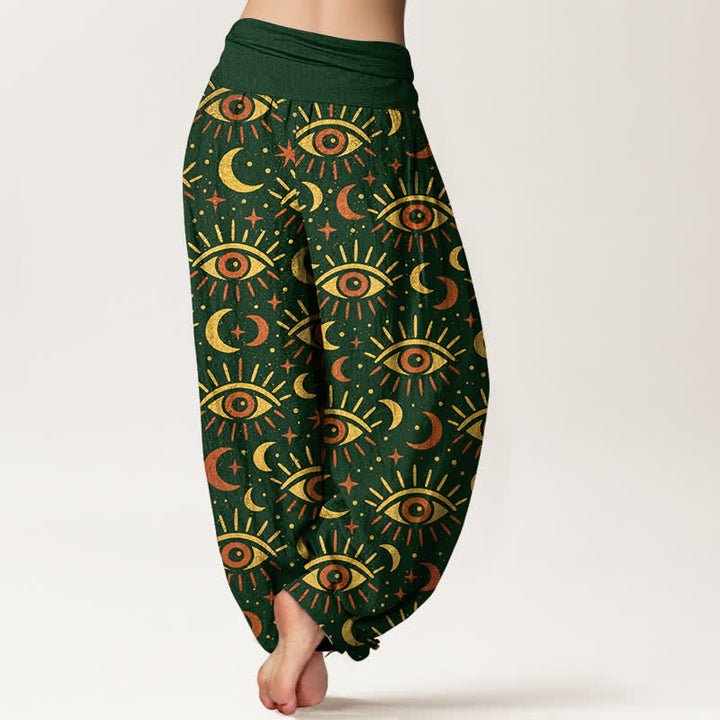 Buddha Stones Pantaloni harem da donna in cotone con motivo occhio mistico e luna, con elastico in vita. - image 2
