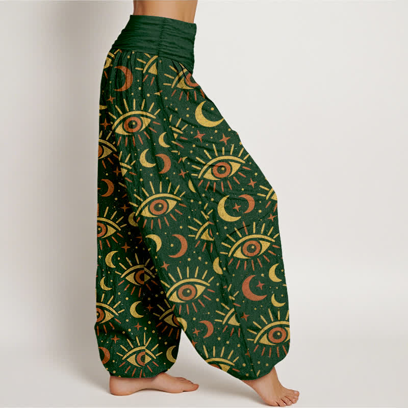 Buddha Stones Pantaloni harem da donna in cotone con motivo occhio mistico e luna, con elastico in vita. - image 1