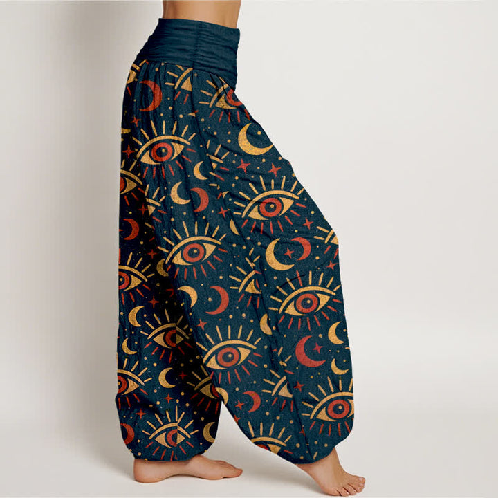 Buddha Stones Pantaloni harem da donna in cotone con motivo occhio mistico e luna, con elastico in vita. - image 6