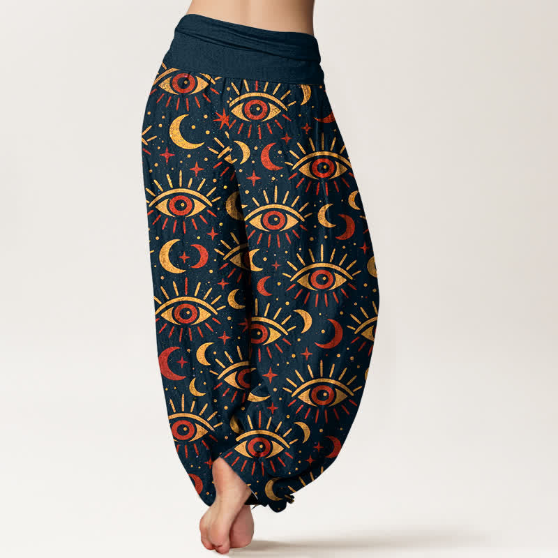 Buddha Stones Pantaloni harem da donna in cotone con motivo occhio mistico e luna, con elastico in vita. - image 7