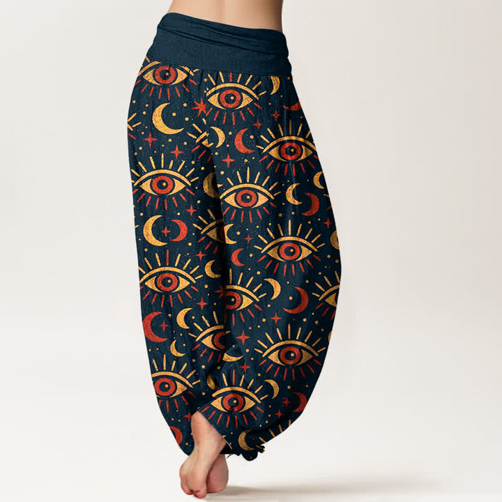 Buddha Stones Pantaloni harem da donna in cotone con motivo occhio mistico e luna, con elastico in vita. - image 7
